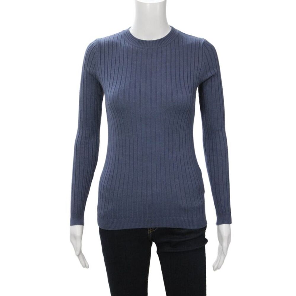 Beige Women Pullover Striped Crew Neck Dark Blue Sweater Long Sleeve Size S